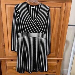 Calvin Klein Black and White Striped Long Sleeve Dress